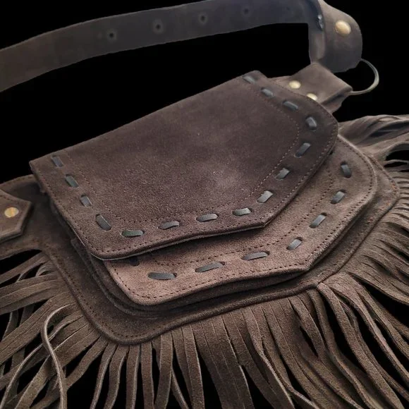2025Genuine LeatherFestival Cow Girl Pocket Belt | Hip bag with Fringe Coffee… - Picture 3 of 14